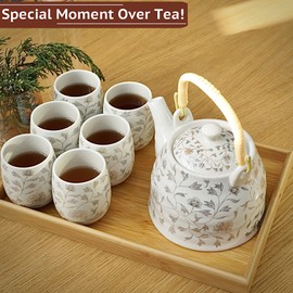 Traditional Japanese Tea Set, White Tea Set with Tray and Infuser, Chinese/Asian Tea Sets for 6 Adults, Porcelain Tea Pot and Tea Cups, Large Teapot, Pretty Gift for Women, Men, Birthday, Housewarming