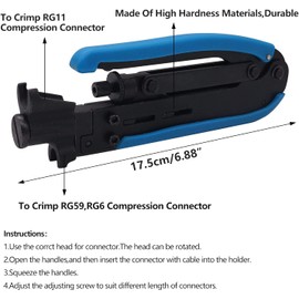 mxuteuk Coaxial Compression Tool Kit Adjustable RG6 RG59 RG11 75-5 75-7 Coax Cable Crimper Kit with 10Pcs F Style RG6 Compression Connectors G025-BU/G026-Y