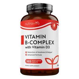Nutravita Vitamin B Complex High Potency - 1 Full Year Supply - 8 Vitamins B1-B2-B3-B5-B6-B12, Biotin, Folic Acid & VIT D3 in 1 High Strength Micro Tablet - Reduction of Tiredness - Made in The UK