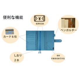 A5 Genuine Leather Notebook Cover, Notebook-Cover Compatible with Nichichi Cousin with Pen Holder, Card Pocket, Bookmark Strap, Hook Included (Dark Blue)