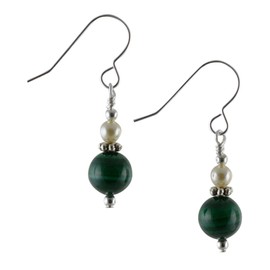 Banded Green Malachite, Cream Crystal Pearl & Sterling Silver Hook Drop Earrings with Gift Box