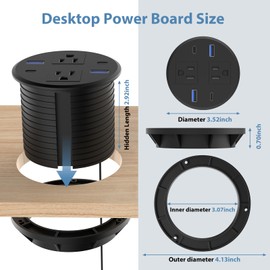 Recessed Power Grommet with AC Outlets, 3inch Desktop Power Grommet Outlet,30W PD Fast Charge for Deskt - Flush-Mount Recessed Power Strip,Home and Workspace Essential Desk Outlet