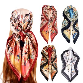 upeilxd 4Pcs Silk Head Scarves for Women Satin Hair Scarf 35”Large Square Bandana Silk Like Neck Scarf Shawl Sleeping Headscarf(Red/Blue/White/Beige)