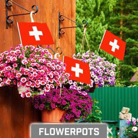 G128 12 Pack Handheld Switzerland Swiss Stick Flags | 8x12 In | Printed 150D Polyester, Country Flag, Solid Wooden Stick, Spear Gold Tip