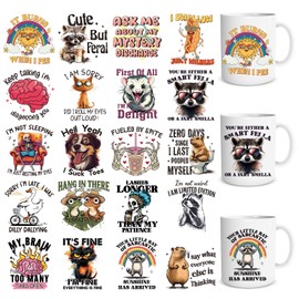 Shejdgart Sarcastic UV DTF Stickers - 20 Sheets Funny UV DTF Cup Wraps for 16 OZ Glass Mugs, Humorous Quotes Cute Animal UVDTF Stickers, Cat Capybara Rub on Transfer Decals for Water Bottles Tumblers