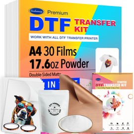 A4 DTF Transfers Paper 30 Sheets,17.6oz Ultra-fine Transfer Powder, Transfer Film for Any DTF Printer, Ideas on T-Shirts「Starter Kit」