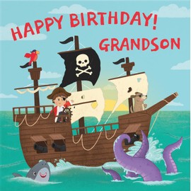 Hunts England - Grandson Pirate Ship Kids Birthday Card - Happy Birthday! - Grandson - Pirate Ship On High Seas - Imagination Collection