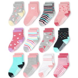 CozyWay Kids Socks With Grippers Non Slip Crew Grip Socks for Girls and Boys Soft Comfy Cotton Unisex 5-7 Years Pink/Gray Multicolor 12 Pack