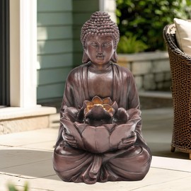 Ultym 19in Meditating Buddha Outdoor Water Fountain, Zen Lotus Water Feature with LED Lights, Soothing Cascading Waterfall for Garden, Patio, Yard, Deck, or Porch