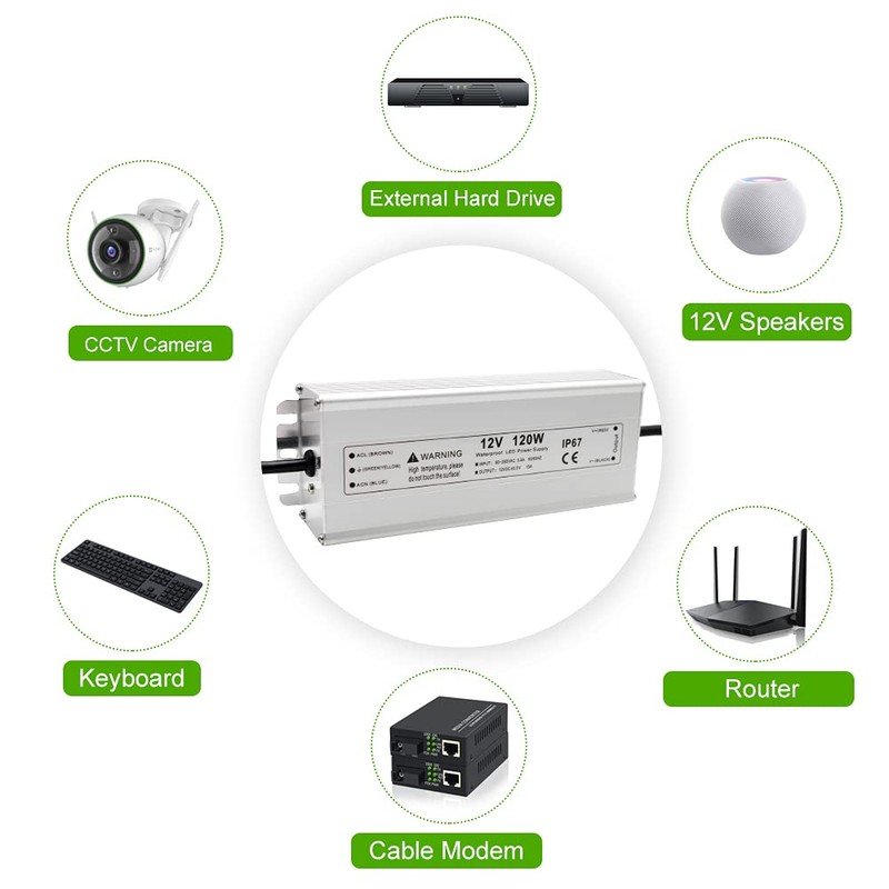120W 12 Volt LED Power Supply, Waterproof IP67 LED Driver,