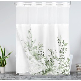 Tititex No Hooks Snap in Liner Limegreen Light Green Eucalyptus Leaves Shower Curtain Sets, Hotel Luxury Double Layers Waterproof Fabric & See-Through Top Window Bathroom Decorative 72x72 Inch