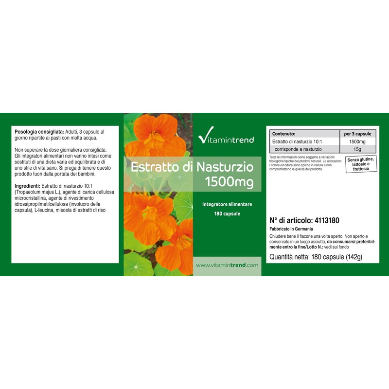 Nasturtium Extract 1500 mg - 180 Capsules - Vegan -