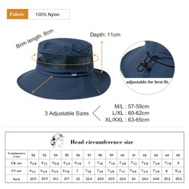 parte superior-EX L/XL/XXL impermeable UPF50 sombrero de ala ancha con malla ventilada transpirable, Azul marino, Medium-Large