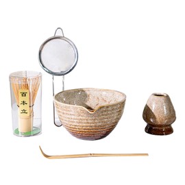 ＫＬＫＣＭＳ 5 Piece Matcha Bowl Set with Spout and Whisk Holder, Japanese Tea Tools, Brown