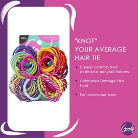Goody 09425 Girls Ouchless Elastics in Bright Colors (60 Pieces); Perfect for Girls with Fine Hair, Curly Hair or Sensitive Scalps