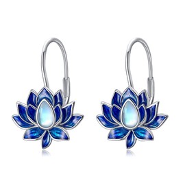 Lotus Earrings S925 Sterling Silver Moonstone Lotus Flower Earrings Blue Lotus Flower Lever Hoop Earrings Jewellery Gifts for Women Ladies Female, Moonstone