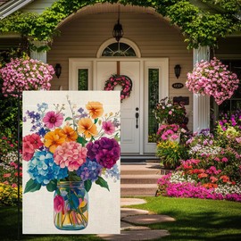 Spring Summer Colorful Floral Mason Jar Garden Flag 12x18 Inch Double Sided Hydrangea Flower Yard Outdoor Flag House Holiday Outside Decoration Burlap