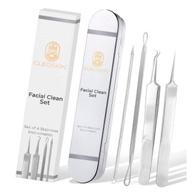 CLEOSKIN Set 2 de agujas de acero inoxidable para extraer espinillas, puntos negros, granos, barros y comedones. Anti-acné. Retira el sebo y la suciedad acumulada en los poros de la piel. Exfoliante, skincare