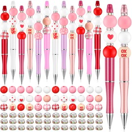 12 Pcs Valentines Beadable Pens for Women Kids Plastic Bead Pens with 36 Pcs Pink Heart Wooden Farmhouse Beads 36 Crystal Beads Assorted Ballpoint Pencil for Kids Birthday Gift School Office