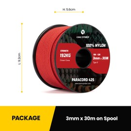 Kamu Synber Paracord 3 mm x 30 m Paracord 425 100% Nylon Rope Type II Cords with 3 Cores for Crafts, Outdoor, Camping, Survival, Load Capacity 192 kg, Red