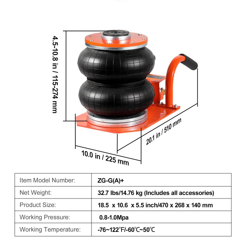 Compact 3 Ton/6600 Lbs Air Jack 3-8S Pneumatic Lifting 6
