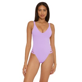 BECCA Women's Standard Color Prism High Leg One Piece Swimsuit-Scoop Neck, Open Back Design, Bathing Suits, Iris, Large