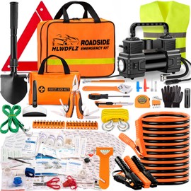 HLWDFLZ Car Emergency Kit with Portable Air Compressor - Roadside Assistance Emergency Kit with Jumper Cables, First Aid Kit, Auto Tool Set, Winter Safety Kit for Women, Men, Teen (Orange)