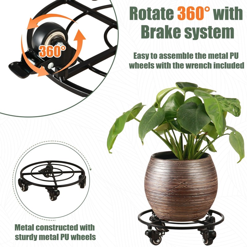 KvyusFlourish 2 Packs Large Metal Plant Caddy with Wheels 13.6"