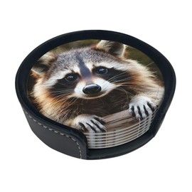 6 Pack Cute Raccoon Leather Coaster with Holder for Drinks- Heat Resistant Non-Slip Funny Animal Coasters for Wooden Table Coffee Bar Kitchen Decor Housewarming, Set of 6