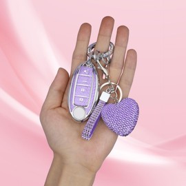 Meruns Compatiable with Nissan 4 Buttons key fob cover with Diamond Bling Keychain, Car Accessories Keys Shell TPU for Murano Sentra Altima Rogue Kicks Armada Pathfinder Smart Key,Silver Purple