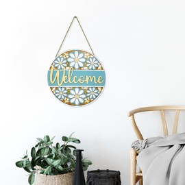 SIKERIC Daisy Flower Welcome Sign for Front Door, Summer Floral Hanger Door Sign, Wooden Hanging Sign for Rustic Farmhouse Indoor Outdoor, Home Porch Wood Art Wall Decor, Window Decor (11.4''x11.4'')