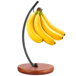 HOMKULA Banana Holder Stand - Modern Banana Hanger Hook, Fruit Bowl, Banana Tree Hanger with Bold Stainless Steel & Thickened Wood Base, Banana Rack for Kitchen Counter (BlackV13)