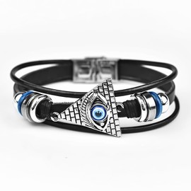 ROJEMXVE Retro Angel Evil Eye Leather Bracelets for Men Women Multi-Layer Cords Wrap Ethnic Tribal Bead Bracelet Zinc Alloy Punk Jewelry Gifts Rock Cuff Wristbands
