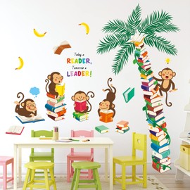 DECOWALL DS9-8065 Wall Sticker Monkeys Children's Room Wall Sticker Books Tree Classroom Reading Book Wall Sticker Wall Decoration Living Room Library