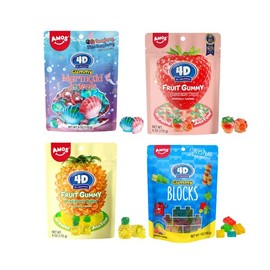 AMOS 4D Gummy Candy Variety Pack, Mermaid Shells, Strawberry Burst, Pineapple Burst, Building Gummy Blocks, 6oz, 170g per bag, 4 Count