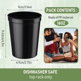 Yungyan 50 Pack 16oz Stadium Cups Reusable Plastic Cups Blank Drink Tumblers for Parties, Events, DIY Projects, 4.5 x 3.54 x 2.72 Inch (Black)