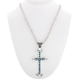 Sleeping Beauty Turquoise Navajo Cross Sterling Pendant With Silver Bead Necklace 0093