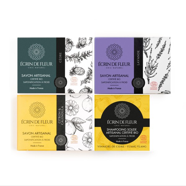 ÉCRIN DE FLEUR - Handmade Organic Soap 4 Pack (Cedar 1 x 90g, Lavender 1 x 90g, Lemon & Marigold, 1 x 90g, Shampoo - Ylang Ylang 1 x 55g)