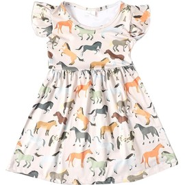 PRCSEE Toddler Girls Dress Green Horse Cartoon Casual Print Dresses Flutter Sleeve Outfits 2-3T