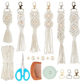 INFUNLY 6PCS Boho White Macrame Keychain Kit Adult DIY Craft Keychain Making Kit Wood Beaded Keychains with Tassel Key Ring for Women Keychain Charms for Key Handbags Backpacks Instructions Include