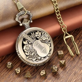 Mini DND Dice Set with Bronze Steampunk Hollow Bard Pocket Watch Shell Case, DND Gifts with Dice Bag, 7pcs Polyhedral Metal D&D Dice Set, DND Starter Set, Role Playing Board Games Accessories