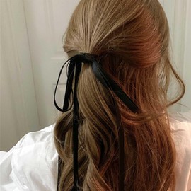 Xduargs Vintage Silk Satin Bow Hair Rope Scrunchies Long Satin Ribbon Bow Elastic Hair Band Ropes Satin Silky Bow Hair Bands French Bowknot Bands Rope (Black)