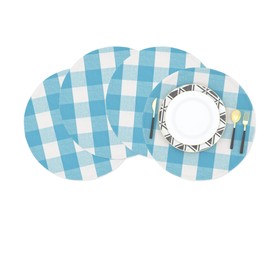 Sky Blue & White Cotton Buffalo Check Round Placemat, Set of 4, 15 Inch eco-Friendly Fabric Handcrafted Machine Washable Indoor & Outdoor Tablemat