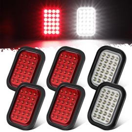Partsam 6x 5x3 Inch Rectangle Stop Turn Tail Reverse Backup Running Lights Red Clear Lens 24LEDs LED Truck Trailer Hitch Tail Lights Sealed Flush Mount 3 Prong Watertight Plug Rubber Grommet 12V IP67