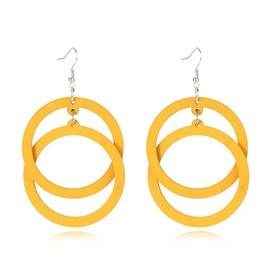 Bohemian Unique Handmade Wooden Hoop Splicing Earrings Retro Statement Colorful Contrast Wood Geometric Lightweight Dangle Drop Earrings for Women (Yellow Hollow)