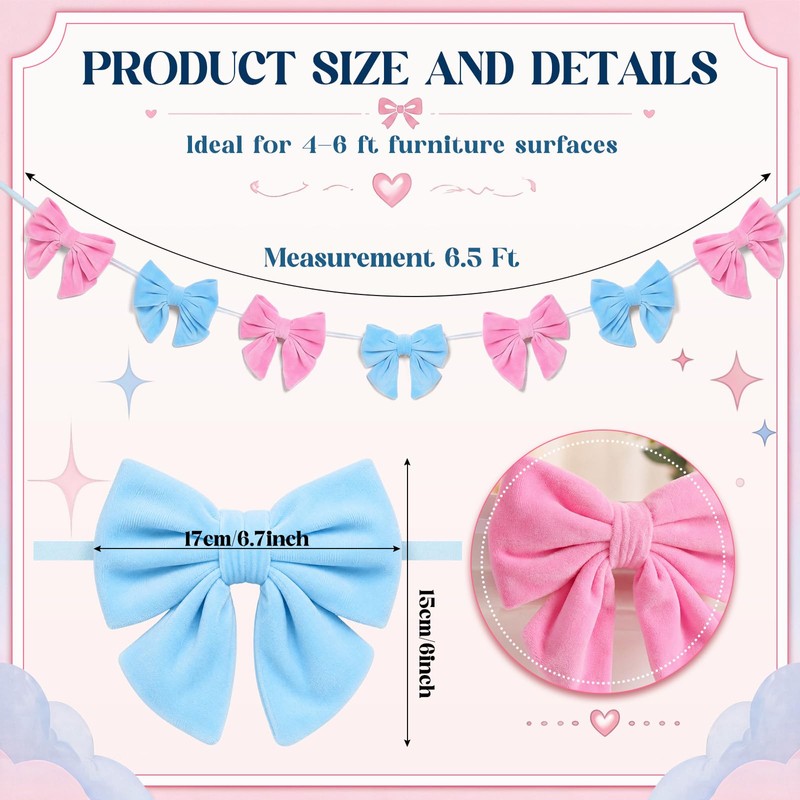 Hotop 6.5ft Pink and Blue Velvet Bow Garland Banner -