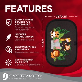 Systemoto Sonnenschutz Auto Baby - Extra dunkel - Zertifizierter UV-Schutz - 2er Set Autofenster Sonnenschutz für Kinder (Wildlife)