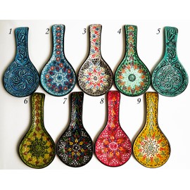 Multi-colored Ceramic Spoon Rest, Kitchen Porcelain Spoon Holder, Large Size Cooking Utensil Rest for Counter Stove Top for Spoons, Ladles, Tong, Kitchen Accessories, Hand Painted (RED)