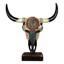 Large Rustic Western Bull Cow Skull With Turquoise Red Rocks Desktop Figurine