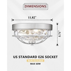 Modern Flush Mount Ceiling Light, HWH 2-Light 12 Inch Brushed Nickel Close to Ceiling Light Fixtures with Water Ripple Hammered Glass for Kitchen Bedroom Foyer, 5HTJ7WG-F BN